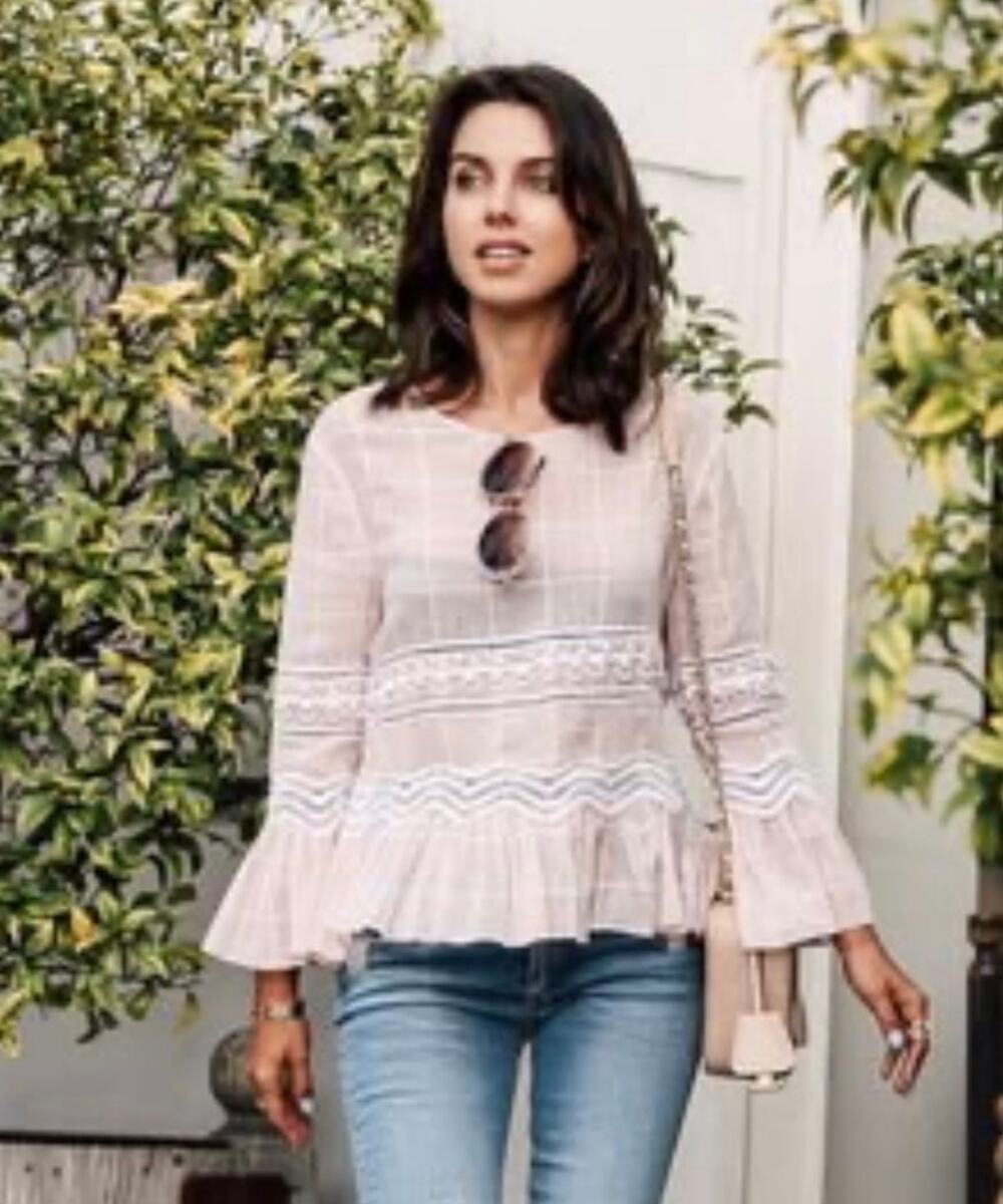 Jonathan Simkhai Blouse Pink Sheer Voile Grid Long Sleeve Ruffle Hem size XS
